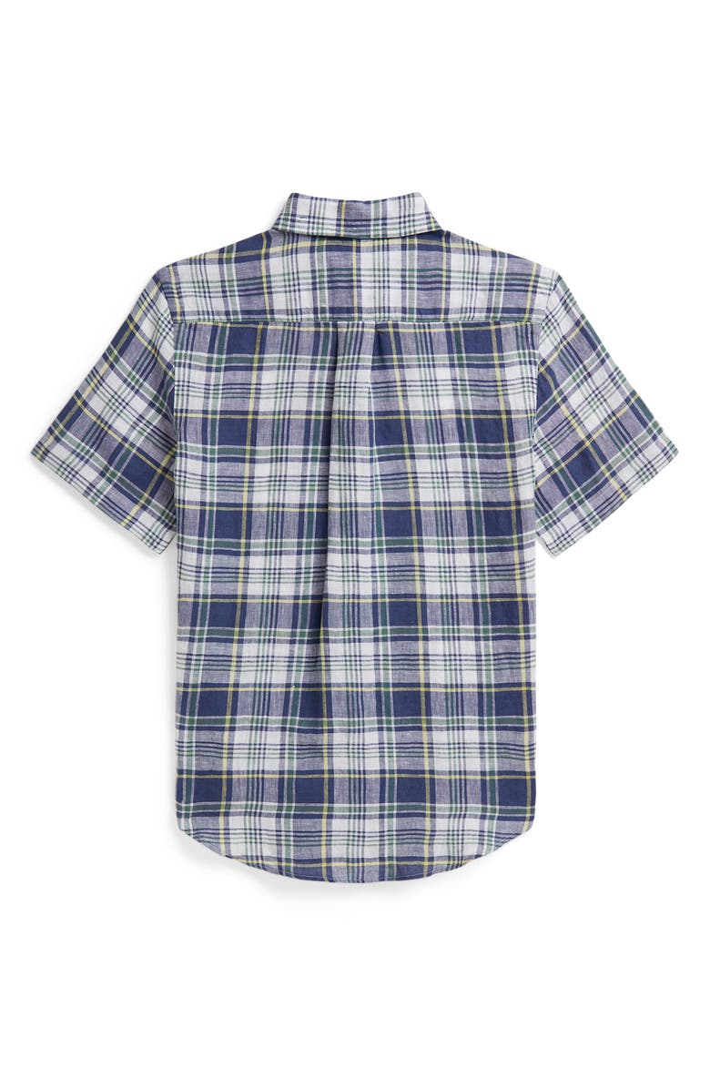 Polo Ralph Lauren Kids' Plaid Short Sleeve Linen Button-Down Shirt, Alternate, color, White Faded Blue Multi