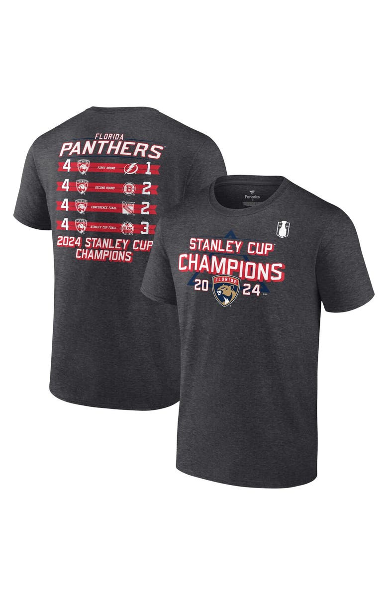 FANATICS Men's Fanatics Heather Charcoal Florida Panthers 2024 Stanley Cup Champions Schedule T-Shirt, Main, color,