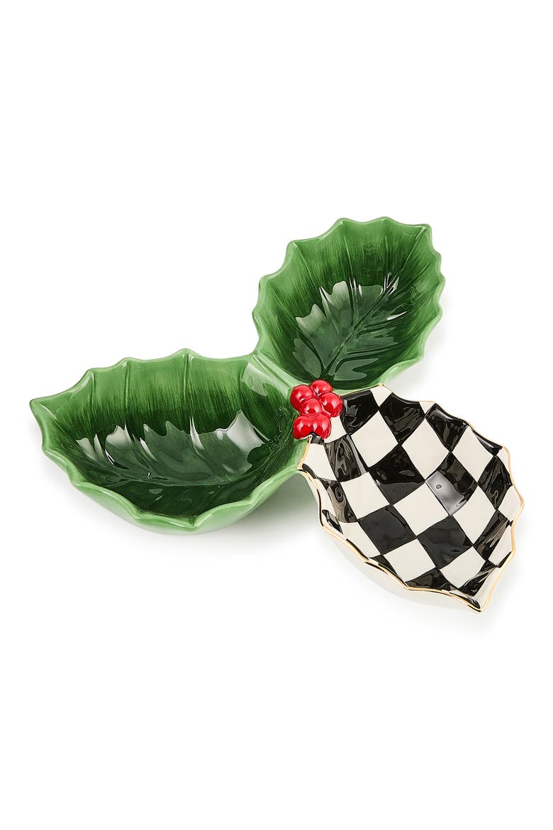Courtly Check Holly Leaf Hand Painted Ceramic Candy Dish, Main, color, GREEN