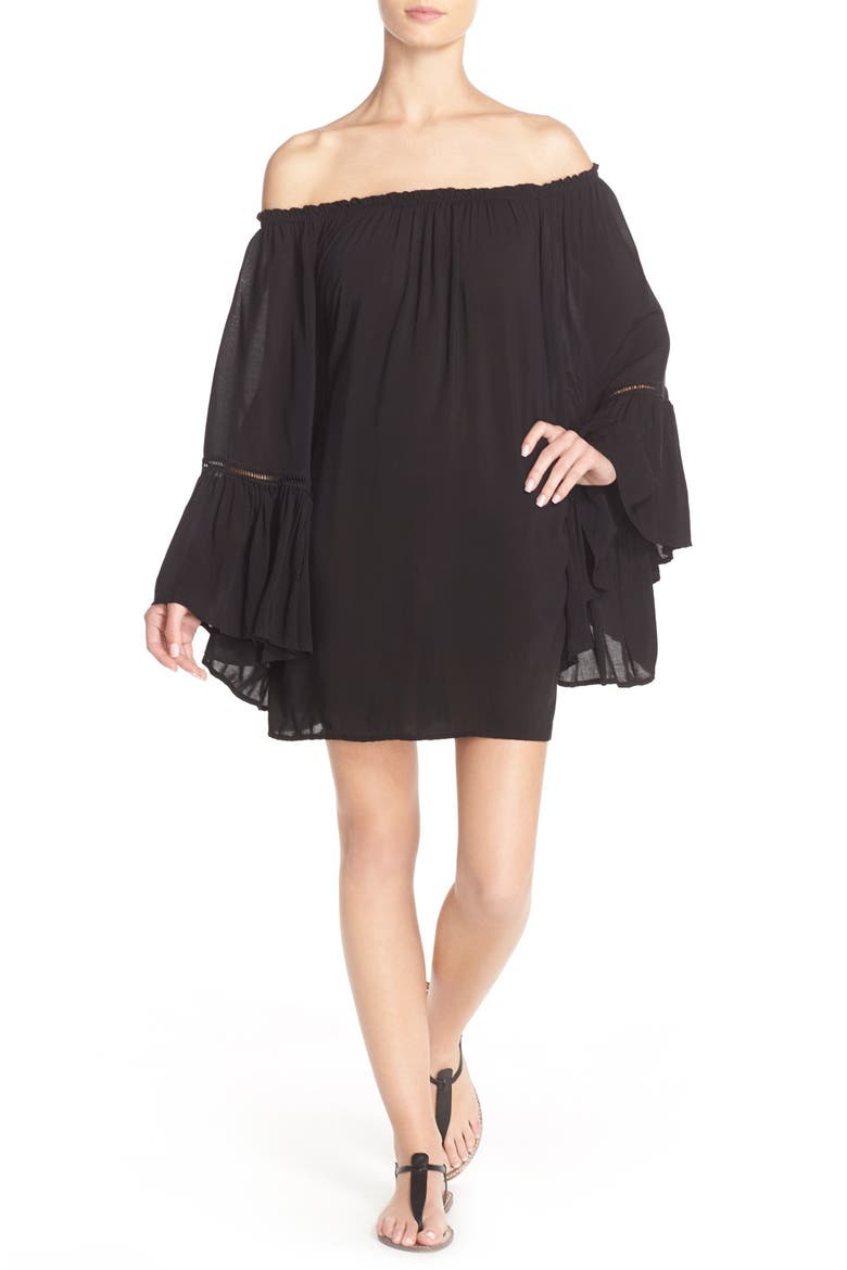 Off the Shoulder Bell Sleeve Cover-Up Tunic, Main, color, BLACK