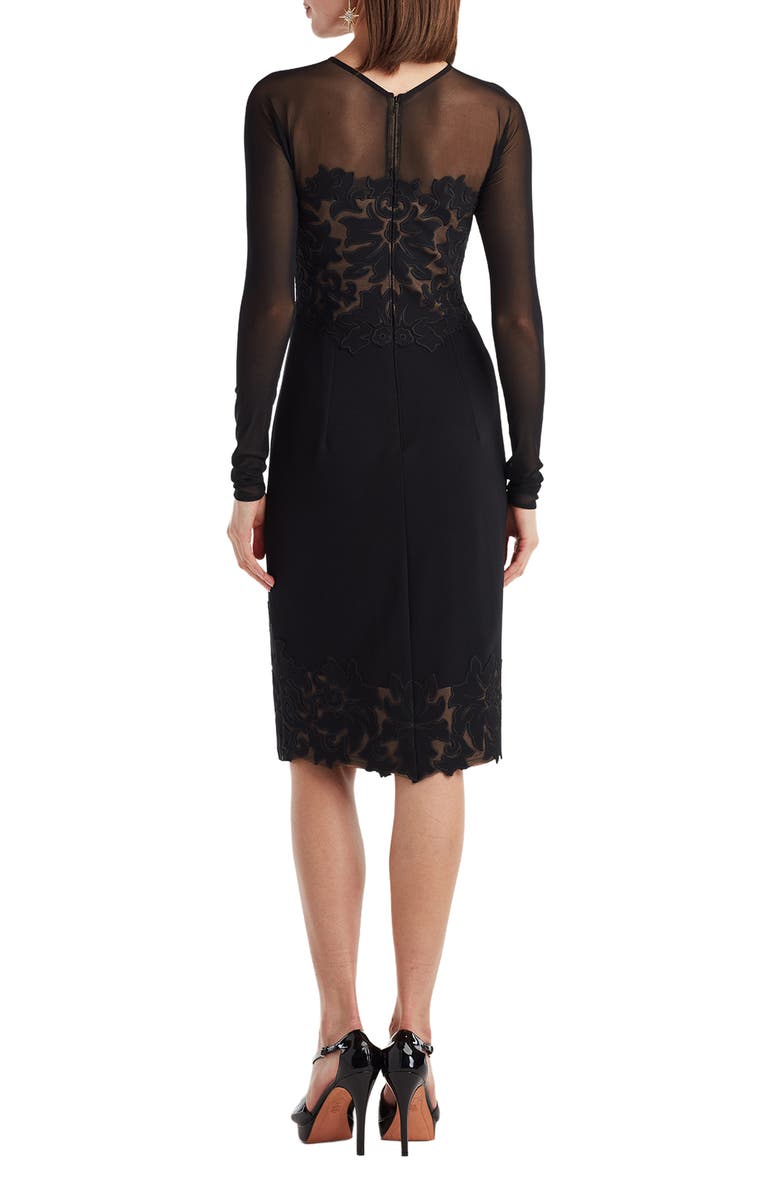 Tadashi Shoji Illusion Neck Laser Cut Long Sleeve Mesh Cocktail Dress, Alternate, color, Black/ Nude