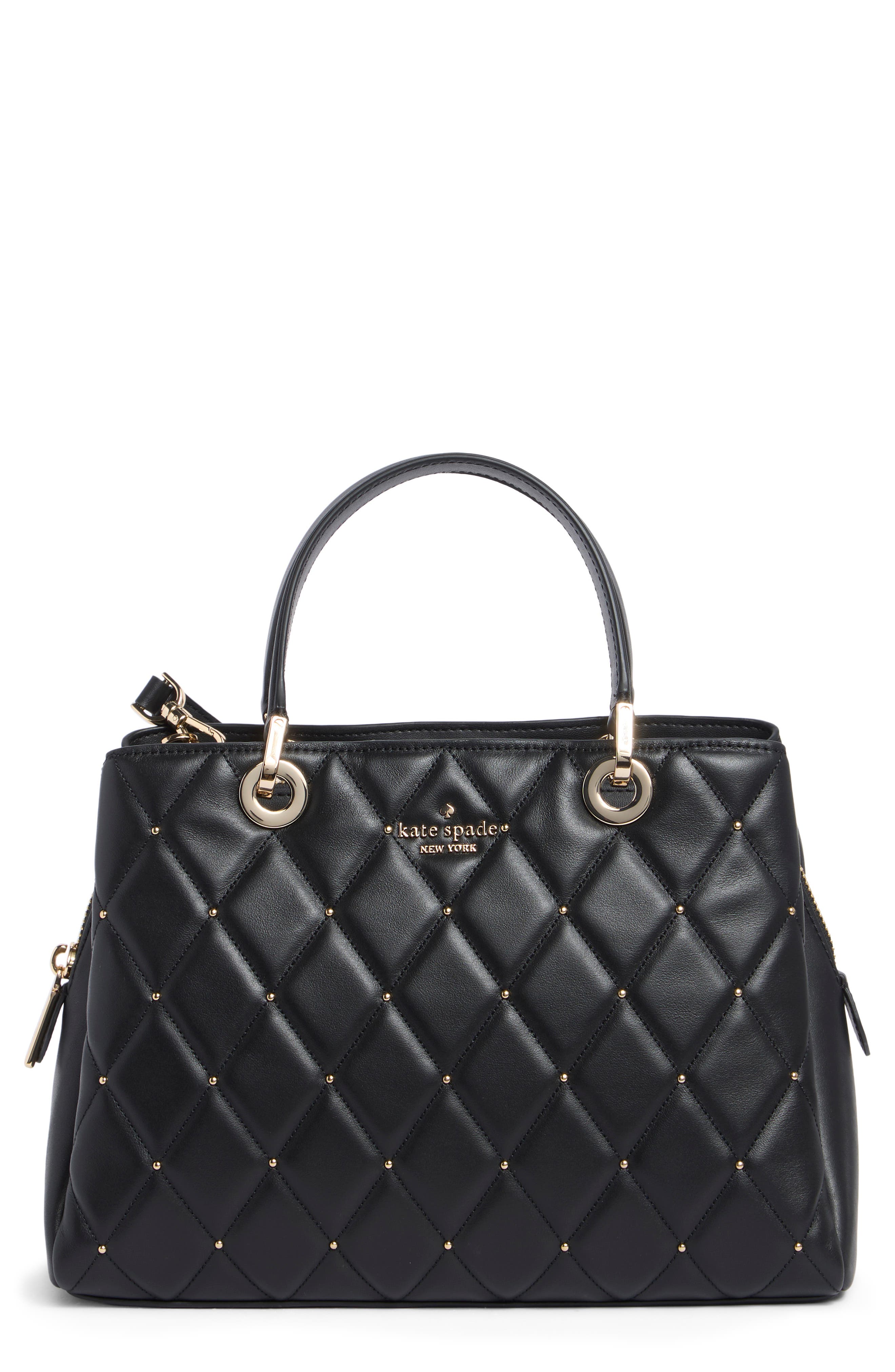 Carey Quilted Studded Medium Leather Satchel, Main, color, BLACK