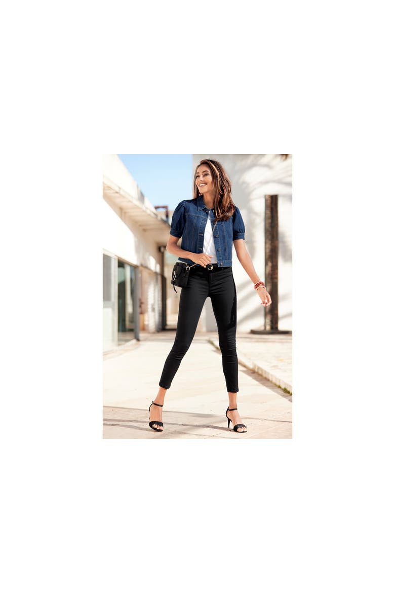 Puff Sleeve Denim Jacket, Alternate, color, Dark Washed