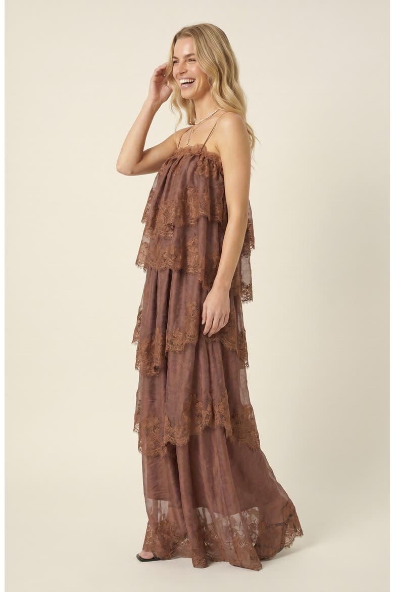 Sleeveless Lace Tiered Leaf Edge Hem Maxi Dress, Alternate, color, Brown