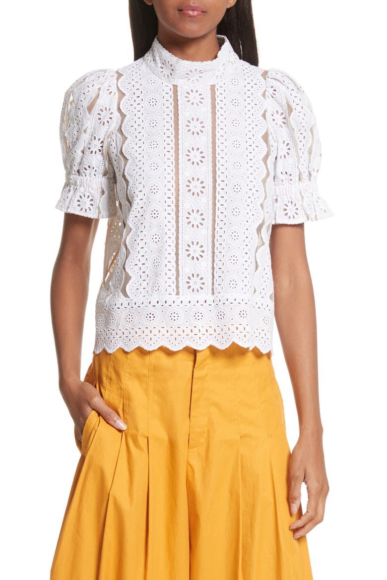 Sea Luna Cotton Eyelet Top, Main, color, WHITE WITH NUDE MESH