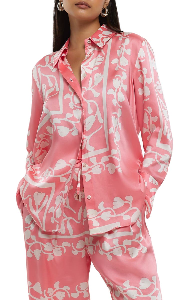 River Island Oversize Vine Print Satin Shirt, Main, color,