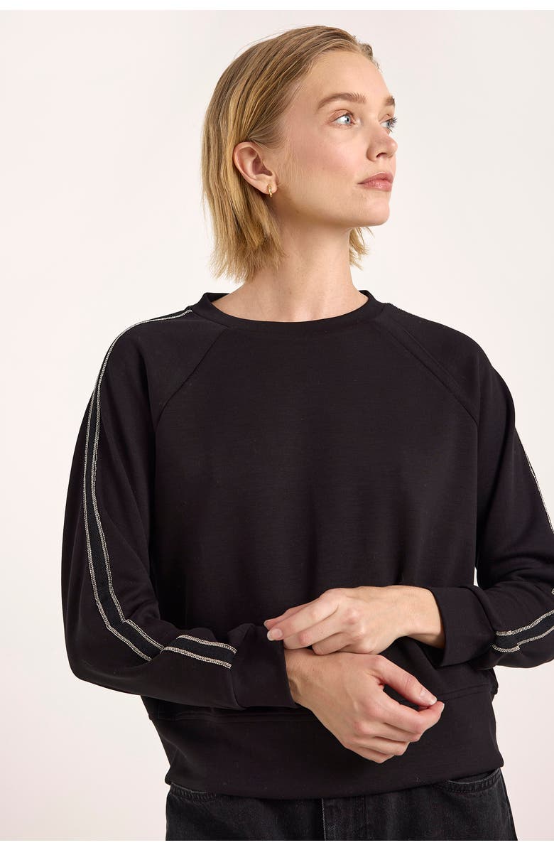 Brodie Pure Cashmere Bead Trim Jersey Crew Neck Sweatshirt, Alternate, color, Black