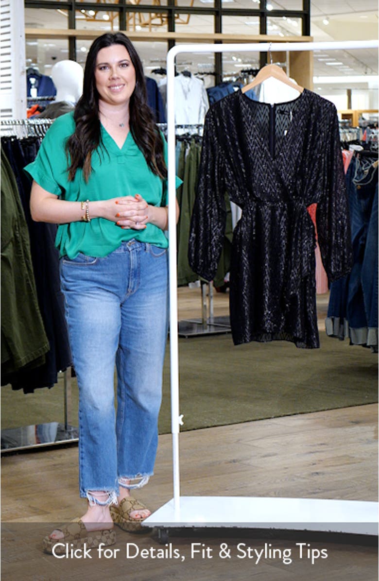 Metallic Long Sleeve Cutout Faux Wrap Dress, sales video thumbnail