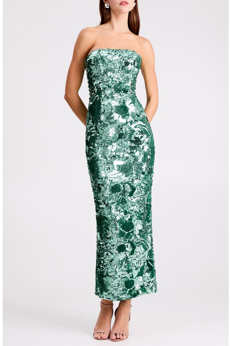 Leslie Pattern Sequin Strapless Gown, Main, color, TEAL