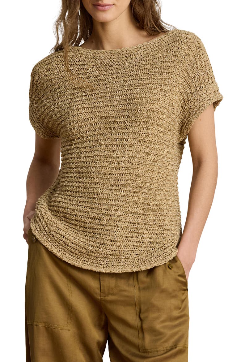 Ribbon Tape Boat Neck Top, Main, color, BEIGE