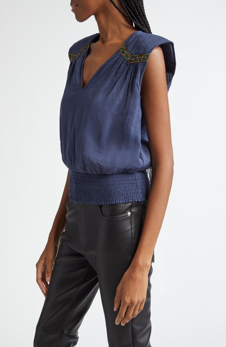 Ramy Brook Millegan Bead Detail Smock Waist Top, Alternate, color, Navy