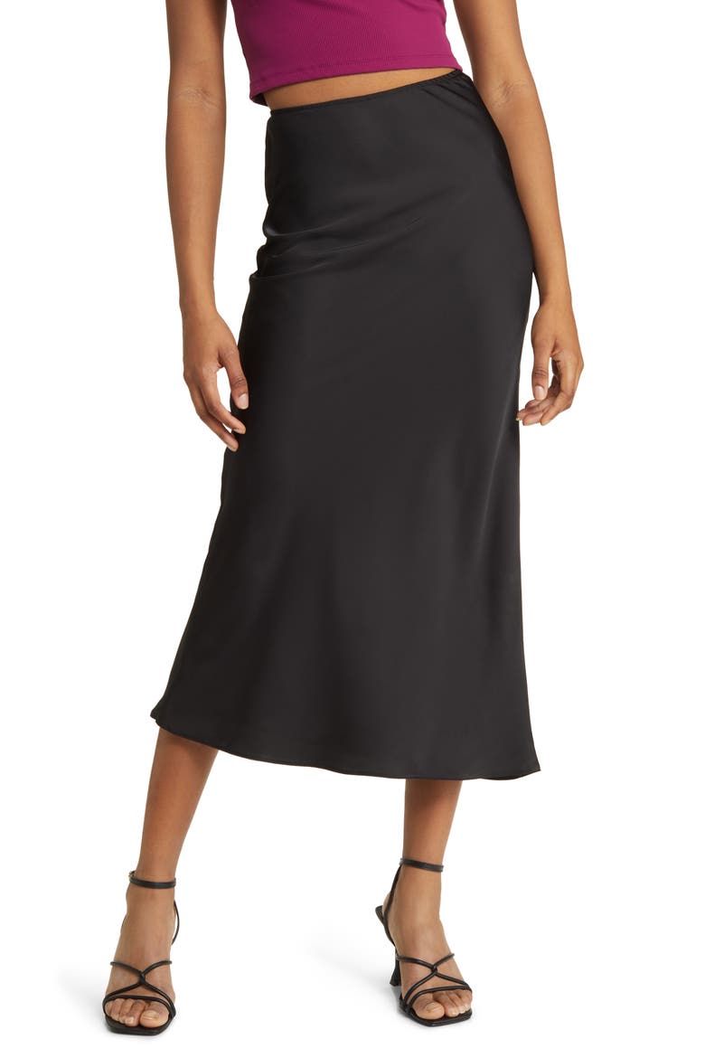 Bias Cut Satin Midi Skirt, Main, color, BLACK