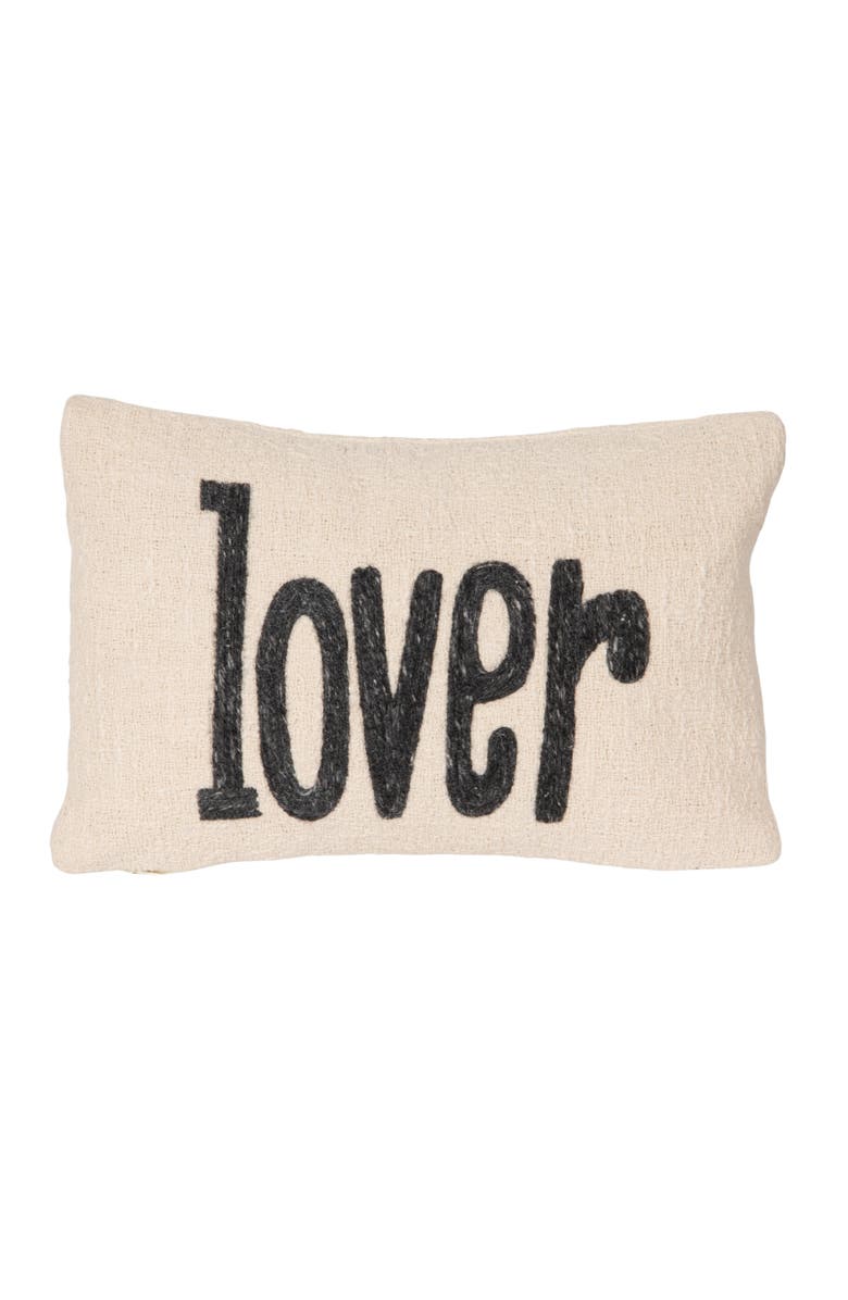 Storied Home Woven Cotton Embroidered Lumbar Pillow "Lover", Cream Color and Grey Melange, Main, color, White