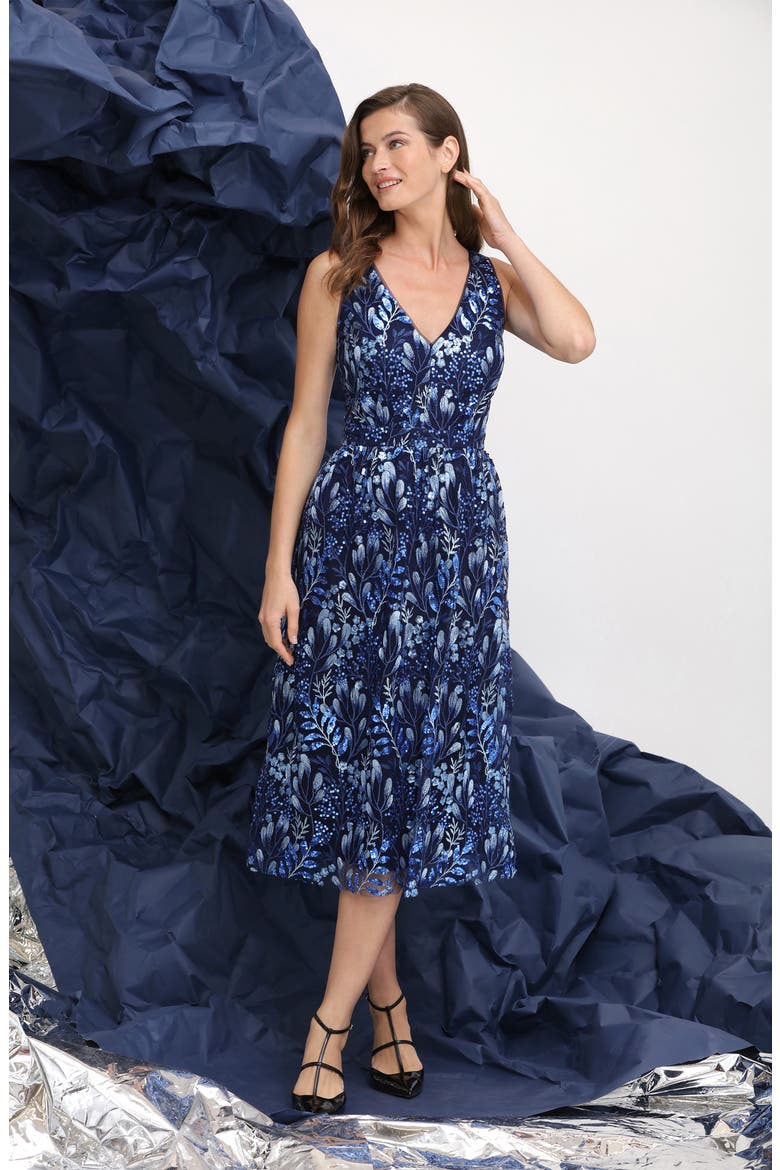 Woodland Sequin Embroidered Sleeveless Midi Dress, Alternate, color, BLUE MULTI
