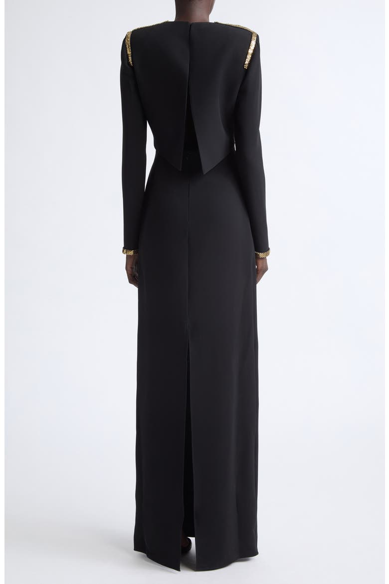 Chainmail Trim Long Sleeve Silk Evening Dress, Alternate, color, BLACK/ GOLD