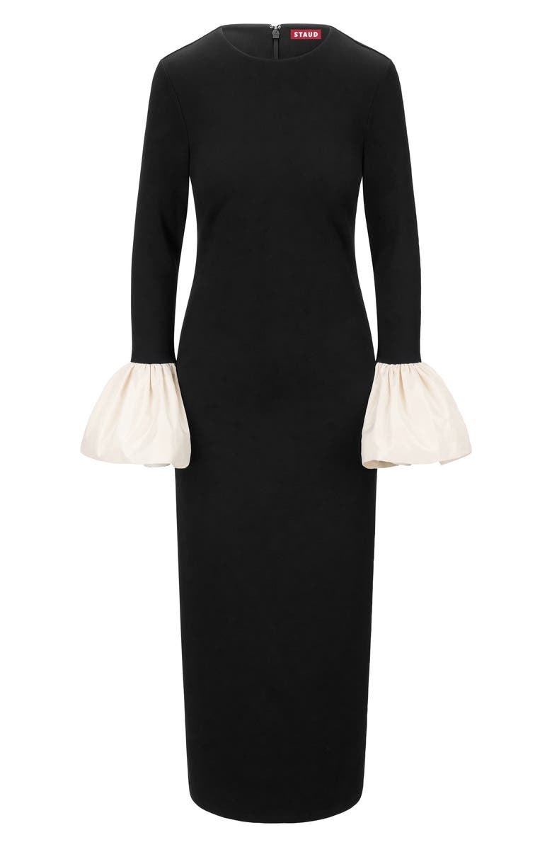 STAUD Hawthorne Contrast Ruffle Long Sleeve Sheath Gown, Alternate, color,