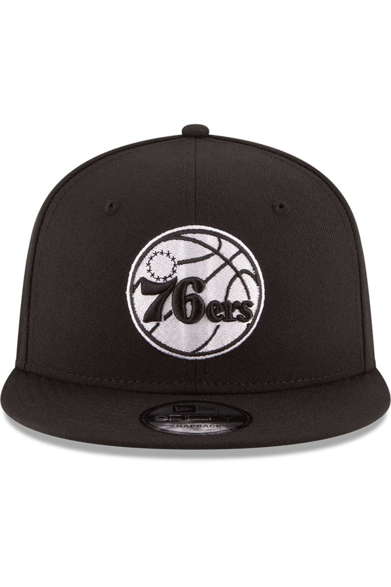 Men's New Era Black Philadelphia 76ers Black & White Logo 9FIFTY Adjustable Snapback Hat, Alternate, color, Black