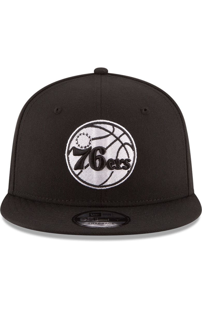 New Era Men's New Era Black Philadelphia 76ers Black & White Logo 9FIFTY Adjustable Snapback Hat, Alternate, color, Black