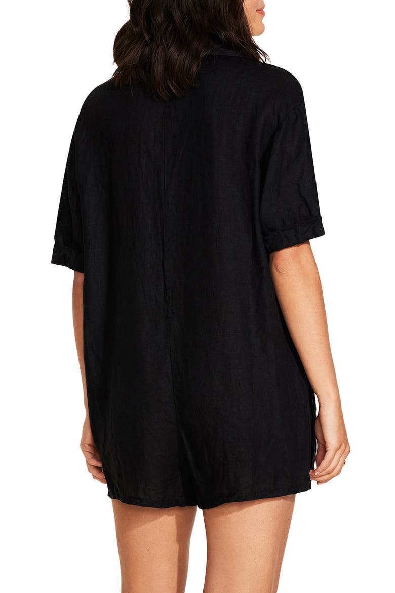 Playa Linen Cover-Up Romper, Alternate, color, BLACK