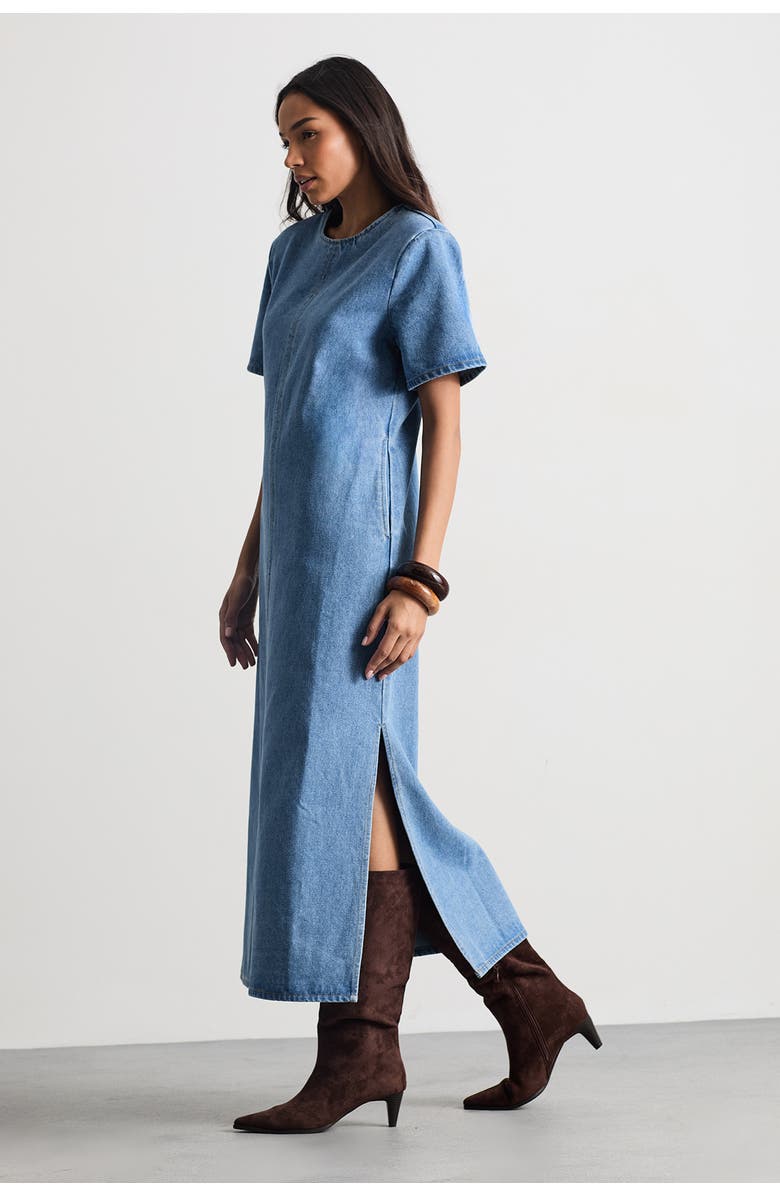 Warehouse Petite Denim Side Split Midi Dress, Main, color, Dark Wash