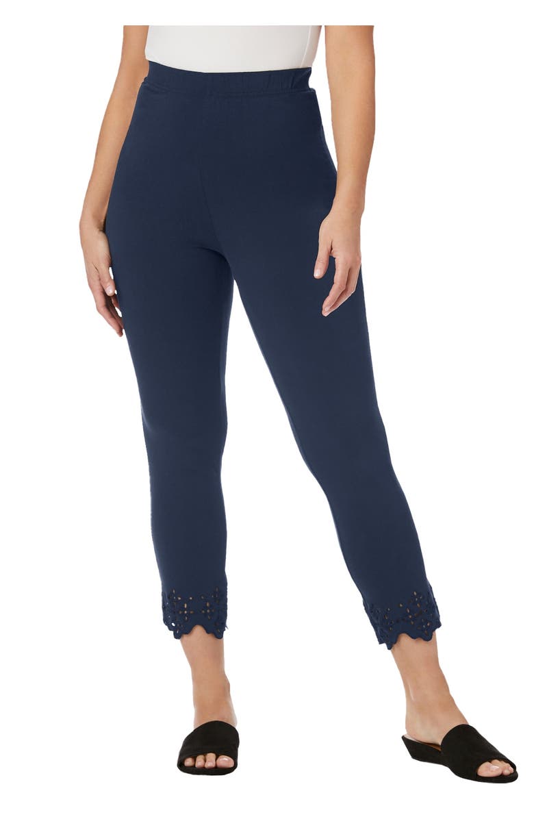 Jessica London Stretch Cotton Eyelet Capri Legging, Main, color, Navy Floral Eyelet