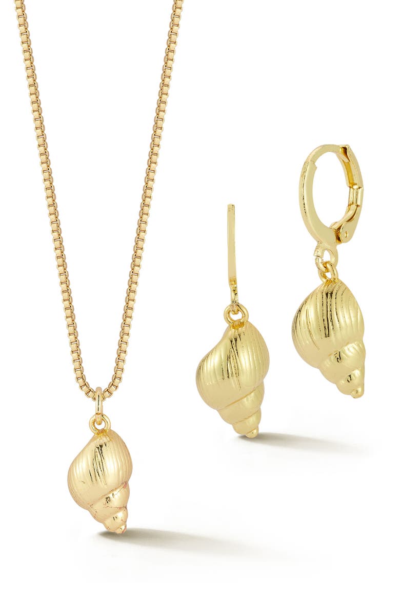 Shell Drop Huggie Hoop Earrings & Necklace Set, Main, color, GOLD