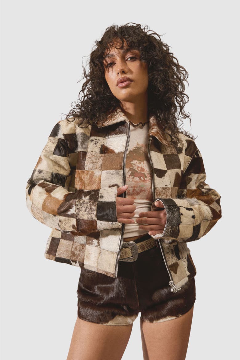Patchwork Cow Hide Real Leather Jacket, Main, color, Animal