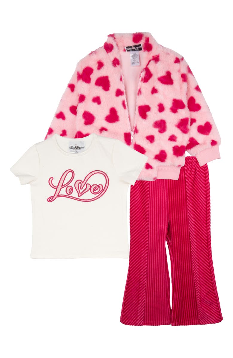 Rare Editions Kids' Faux Fur Jacket, Graphic T-Shirt & Flare Pants Set, Main, color, Pink