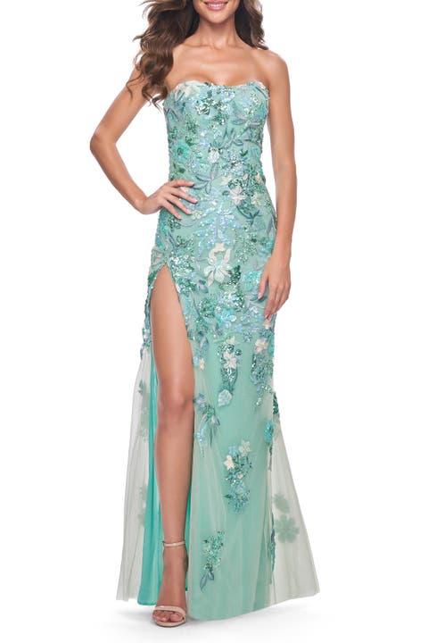 Multi Color Lace Floral Applique on Fitted Strapless Sage Gown