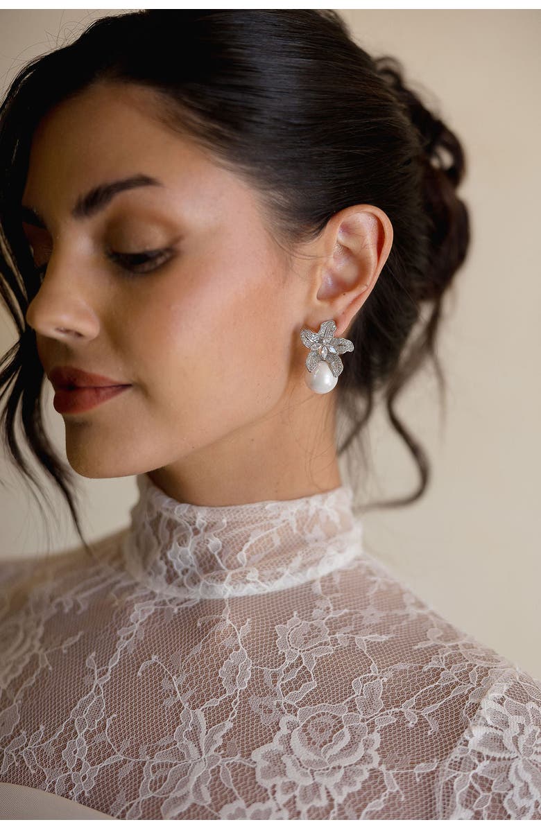 Untamed Petals Sonnet Pearl Drop Earrings, Alternate, color, Silver