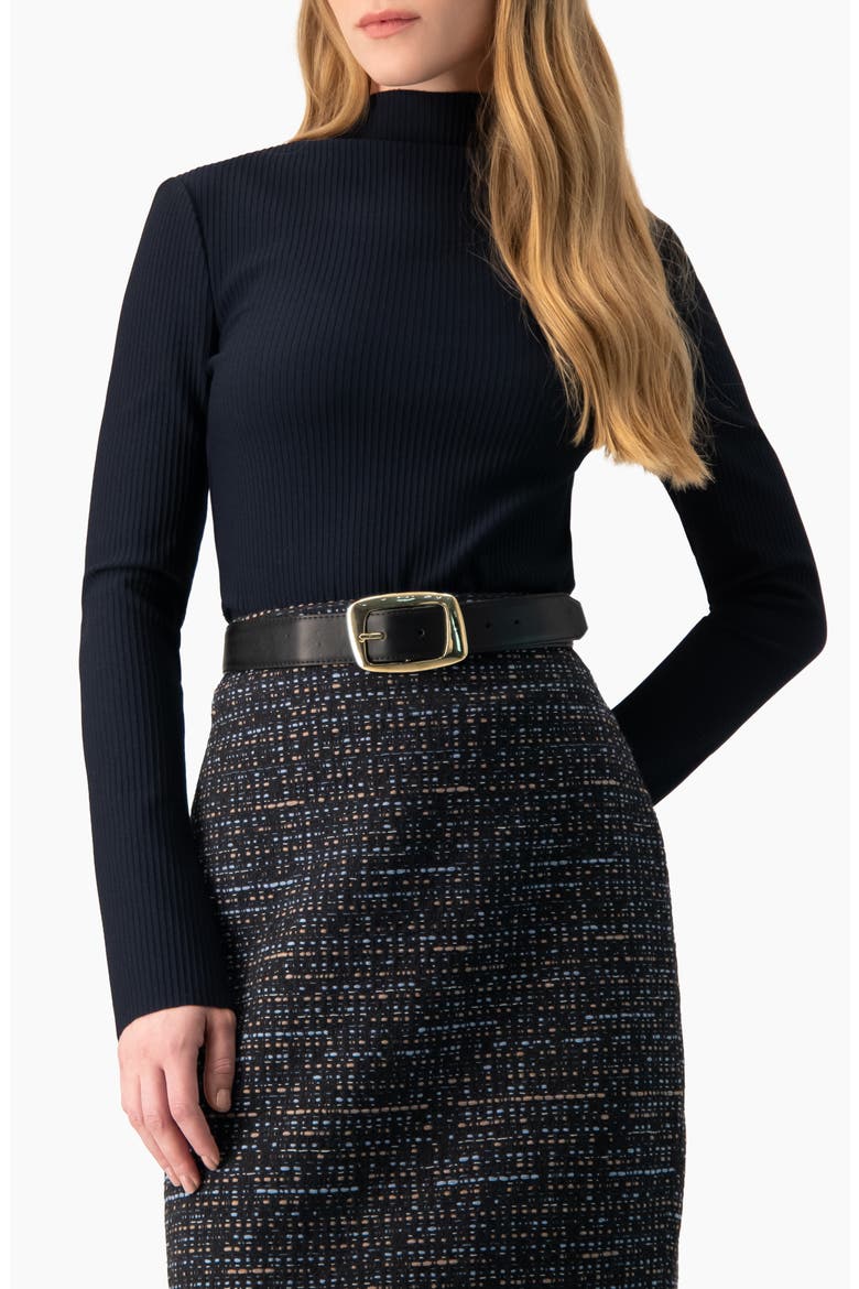 Long Sleeve High-Neck Ribbed Blouse, Main, color, Navy Blue