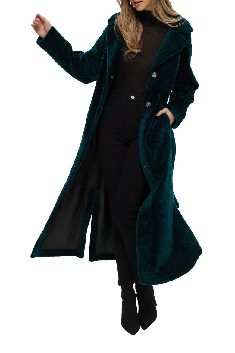 Reversible Textured Genuine Shearling Coat with Side Slits, Belt, Main, color, EMERALD/BLACK