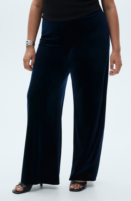 Mango Xenphant Stretch Velvet Wide Leg Pants In Night Blue