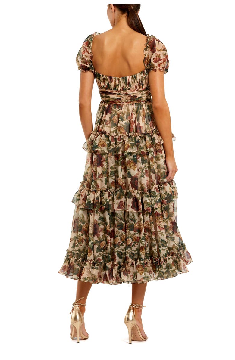 Mac Duggal Women's Chiffon Ruffle A Line Midi Dress with Puff Sleeves, Alternate, color, Cream Multi