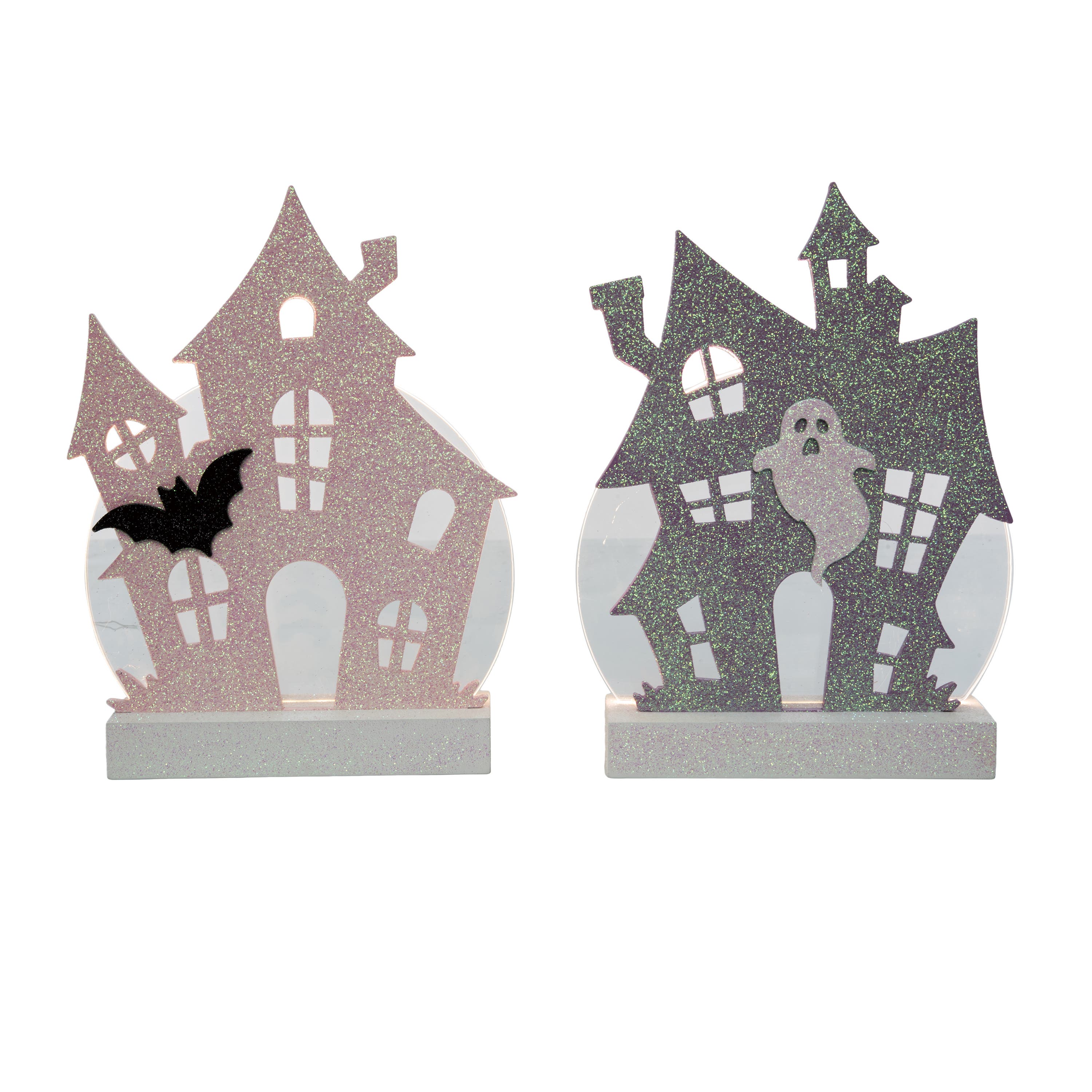 Transpac Mdf Led Glitter Haunted House Set Of 2 Decorative Sculptures In Multi