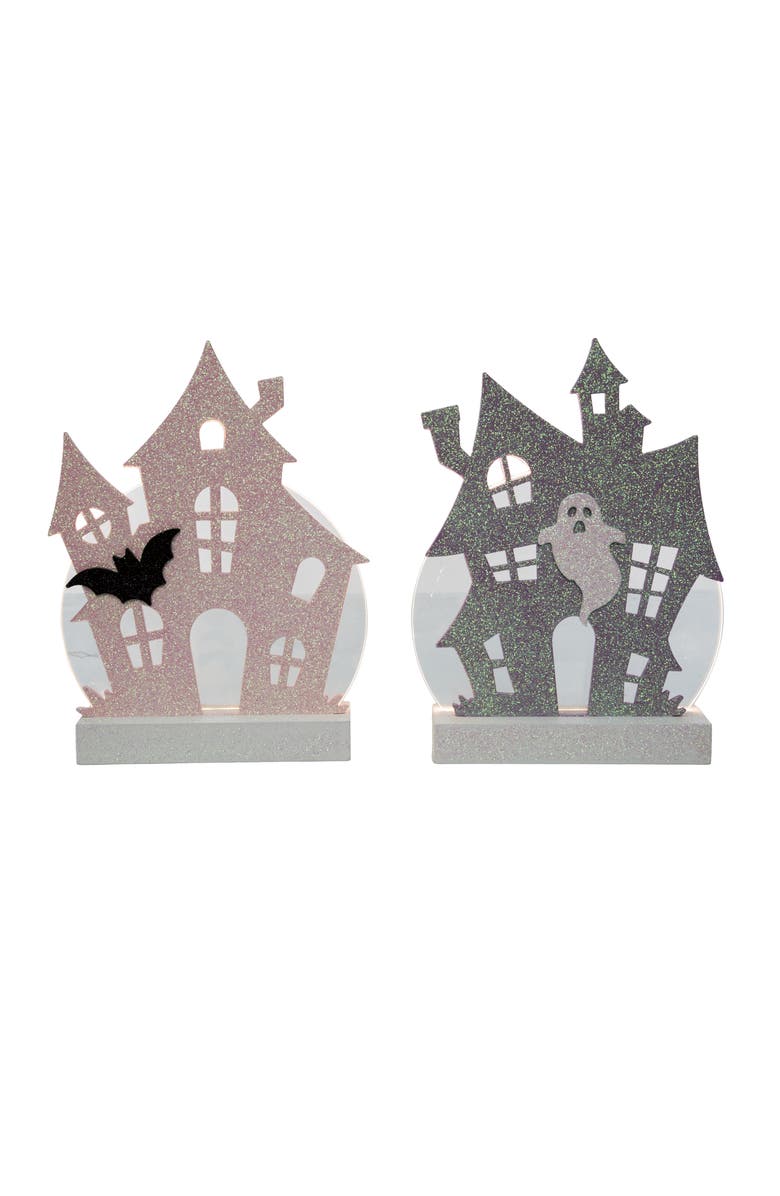 Transpac MDF LED Glitter Haunted House Set of 2 Decorative Sculptures, Main, color, Multicolored