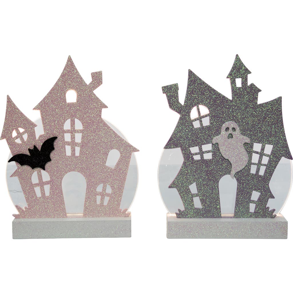 Transpac Mdf Led Glitter Haunted House Set Of 2 Decorative Sculptures In Multi