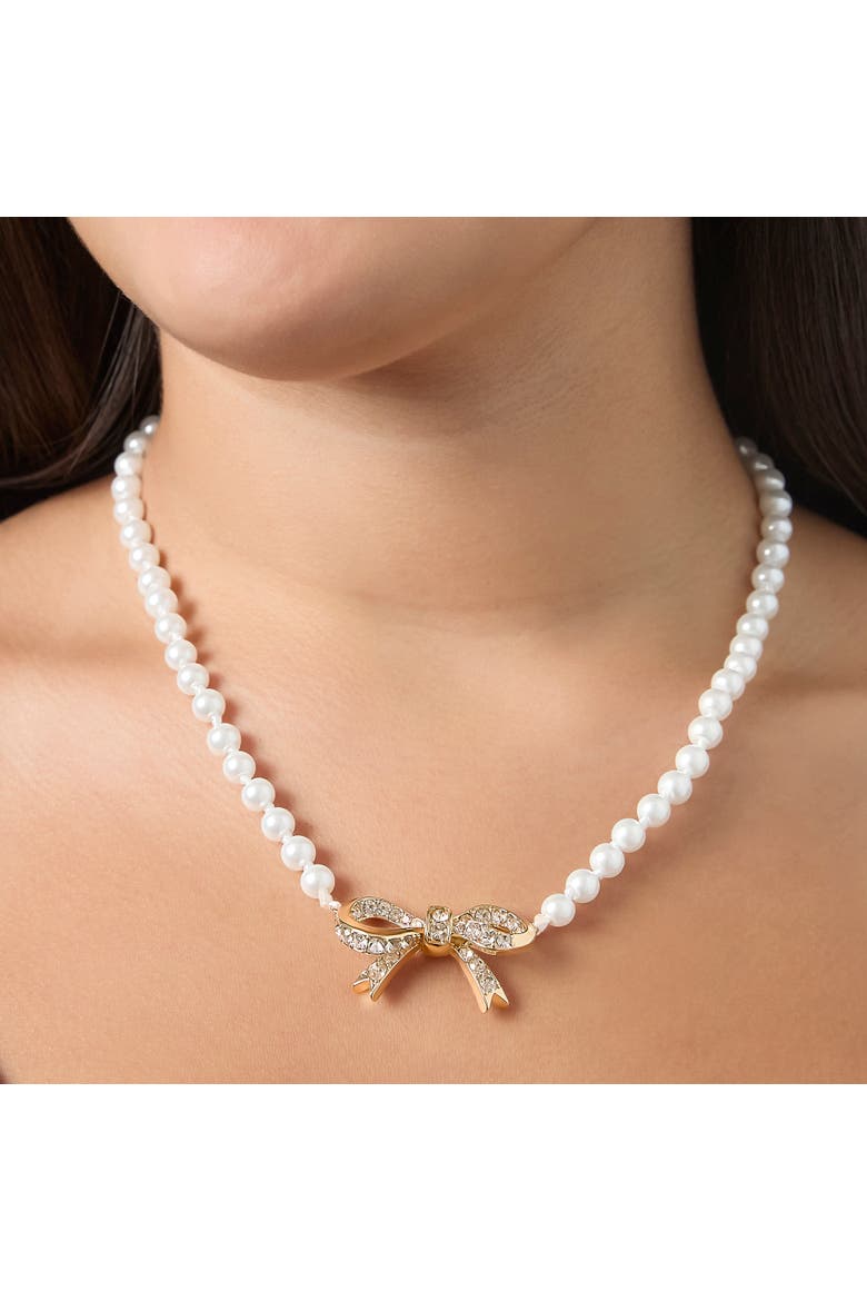 Pearl Necklace with Pavé Bow, Gold-Tone Accents, Alternate, color, White, Gold Tone