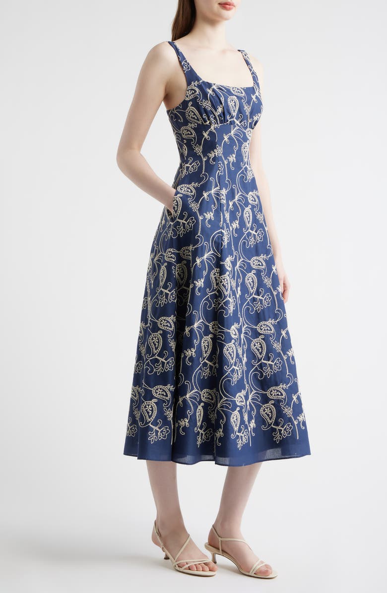 Julia Jordan Embroidered Cotton Fit & Flare Midi Dress, Alternate, color, Navy Multi