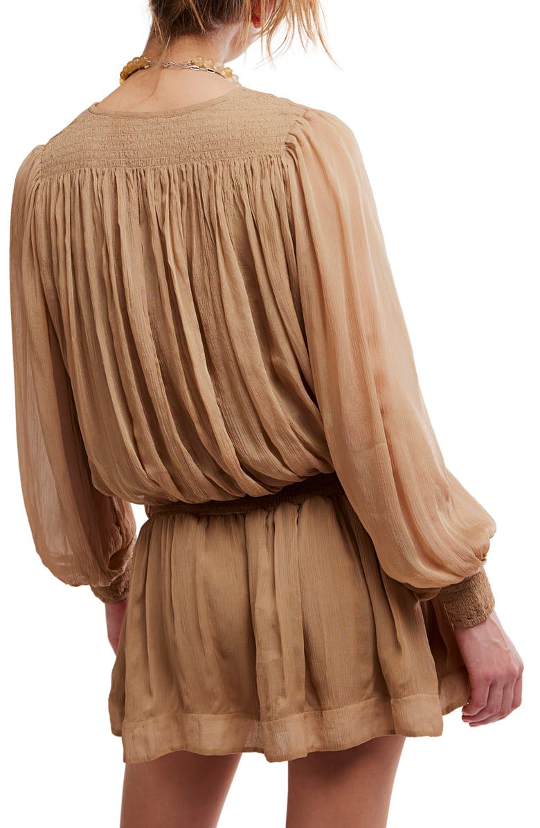 Free People Sunbeam Long Sleeve Cotton Blend Minidress, Alternate, color, Tannin