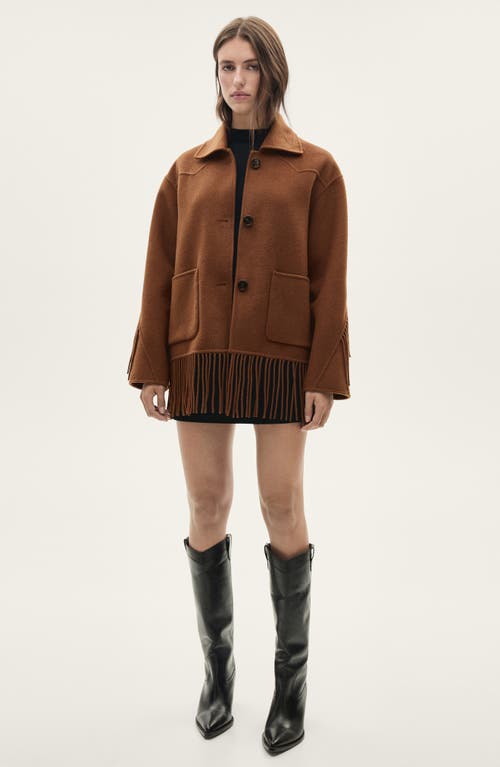 Mango Fringed Wool Blend Coat In Tobacco Brown