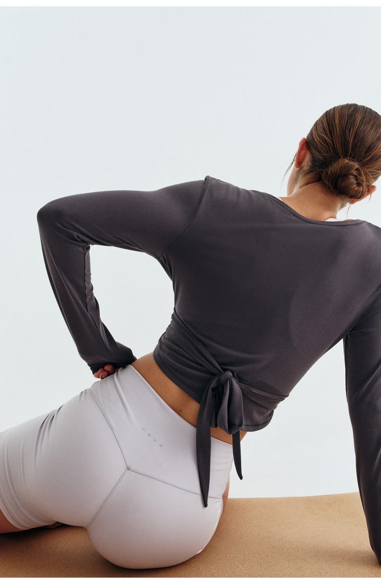 H&M Cropped Tie-front Yoga Top With Softmove, Alternate, color, Slate Gray