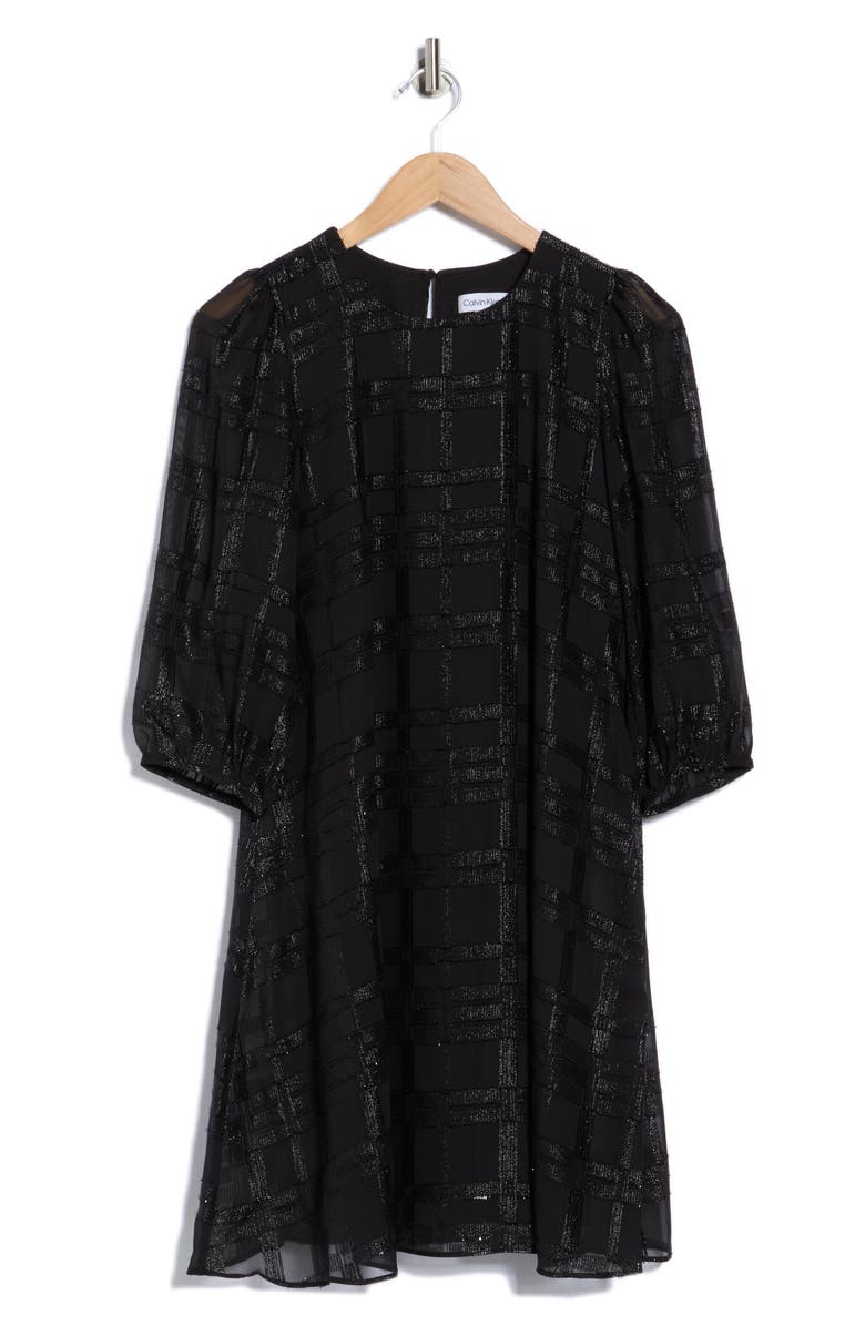 Calvin Klein Metallic Chiffon Shift Dress, Main, color, Black
