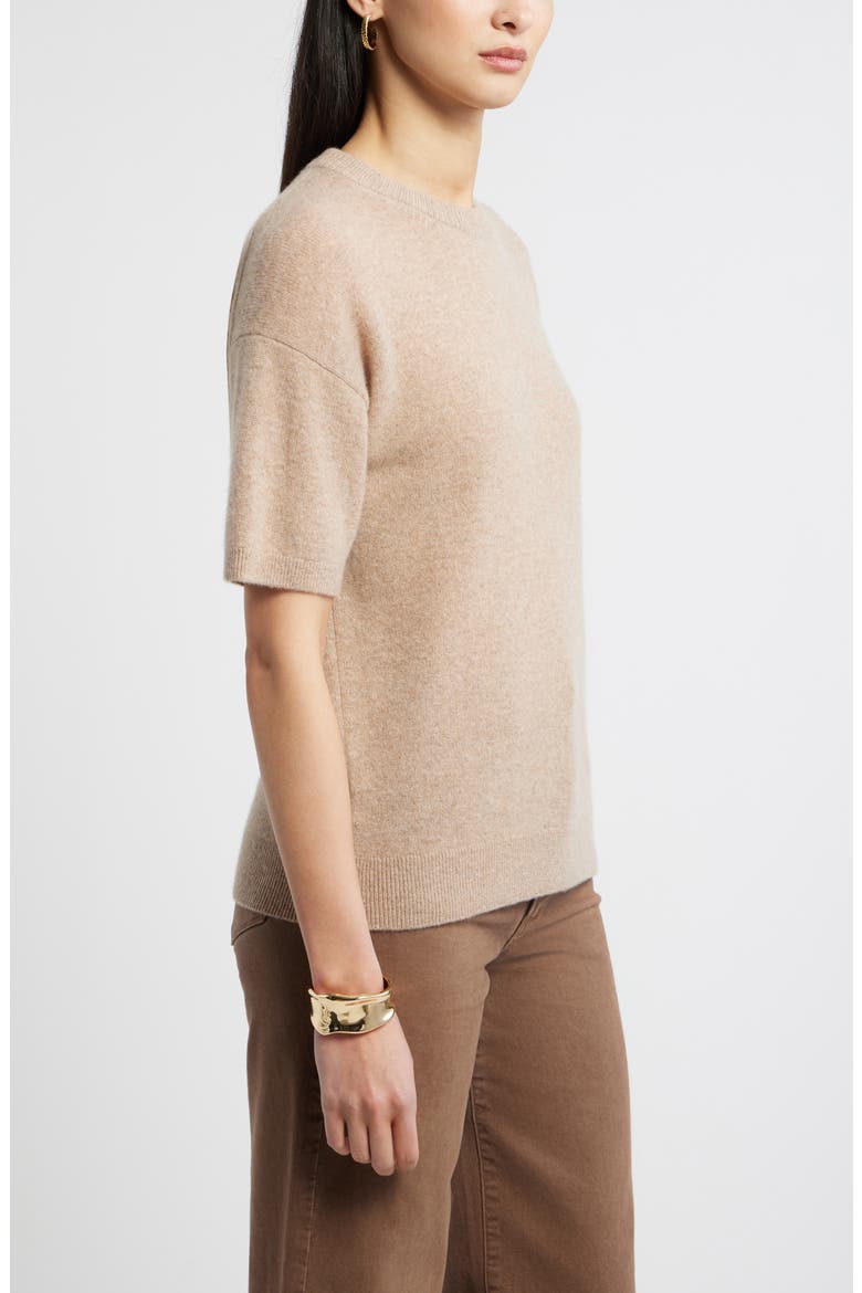 Short Sleeve Cashmere Sweater, Alternate, color, TAN CAMEL DARK HEATHER