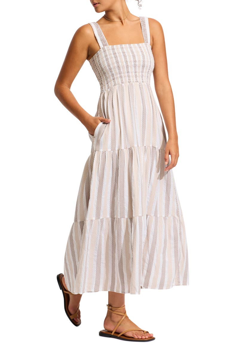 Beach Edit Embroidered Tiered Smocked Cotton Cover-Up Maxi Dress, Alternate, color, NATURAL