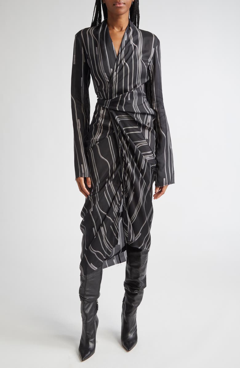 Rick Owens Long Sleeve Satin Wrap Dress, Main, color, Black/ Pearl