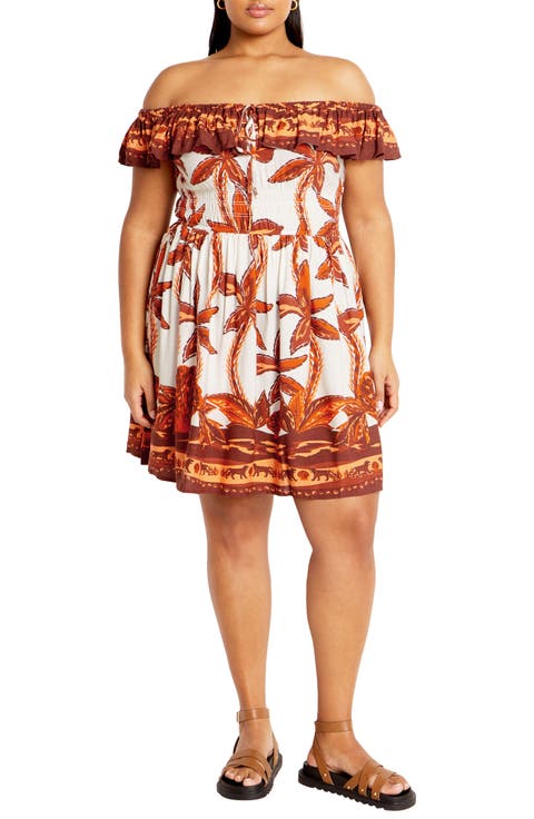 Tahitian Border Print Off the Shoulder Dress (Plus)
