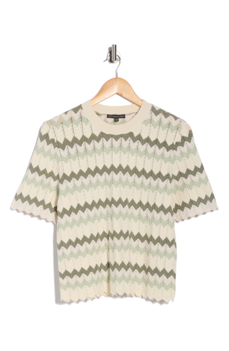 Adrianna Papell Zigzag Short Sleeve Pointelle Sweater, Main, color, Dusty Sage Green Chevron
