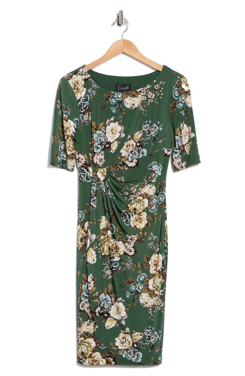 Connected Apparel Floral 3/4 Sleeve Faux Wrap Dress, Alternate, color, Moss