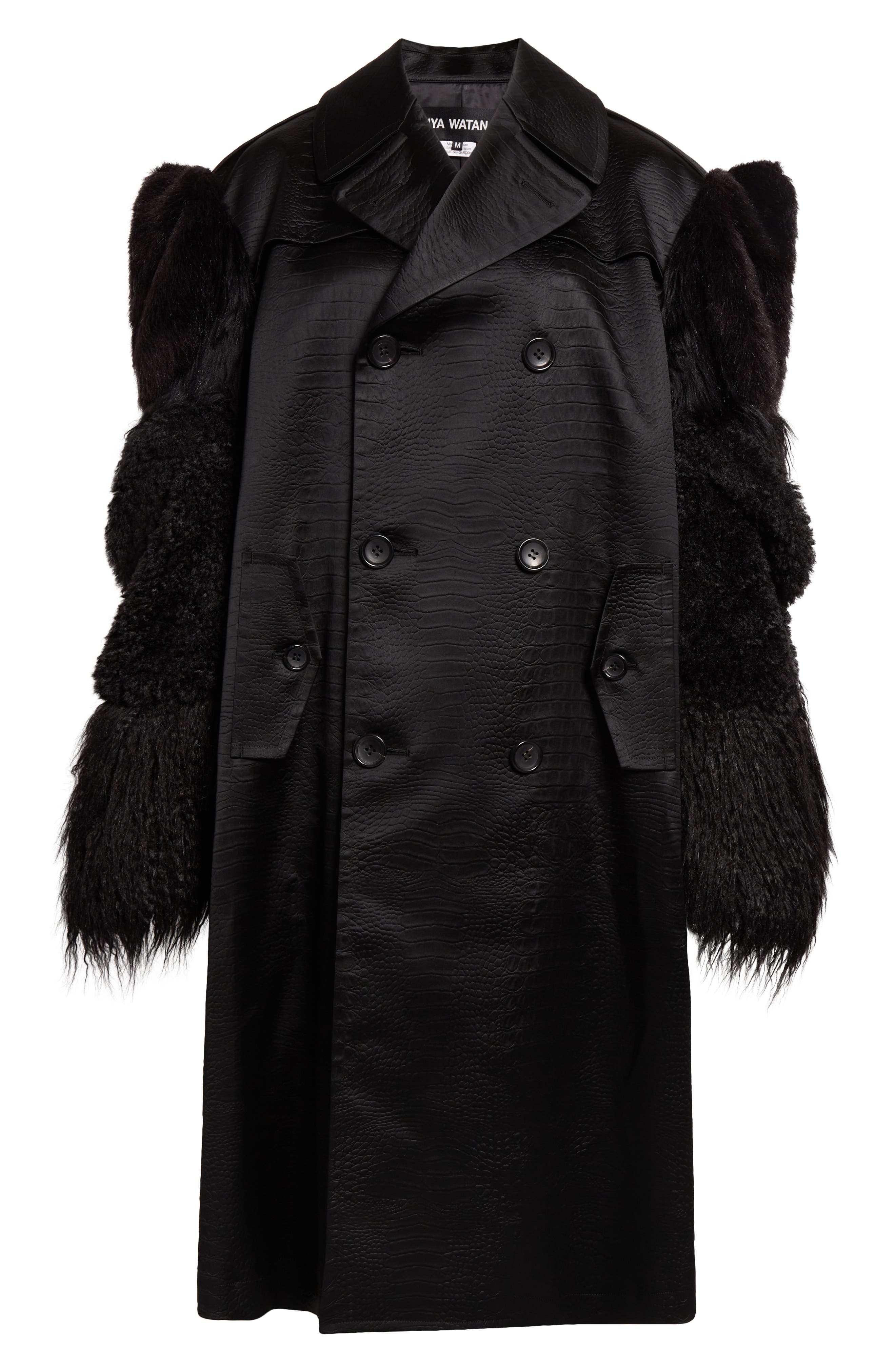 Junya Watanabe Double Breasted Croc Embossed Faux Leather Coat in Black X Black 